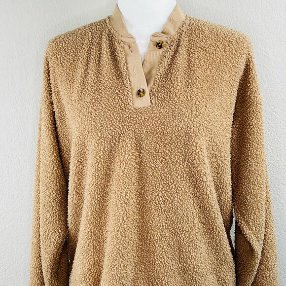 Donni Camel Tan Sherpa Long Sleeve Henley Oversized Pullover Sweatshirt SM/MD - Picture 5 of 14